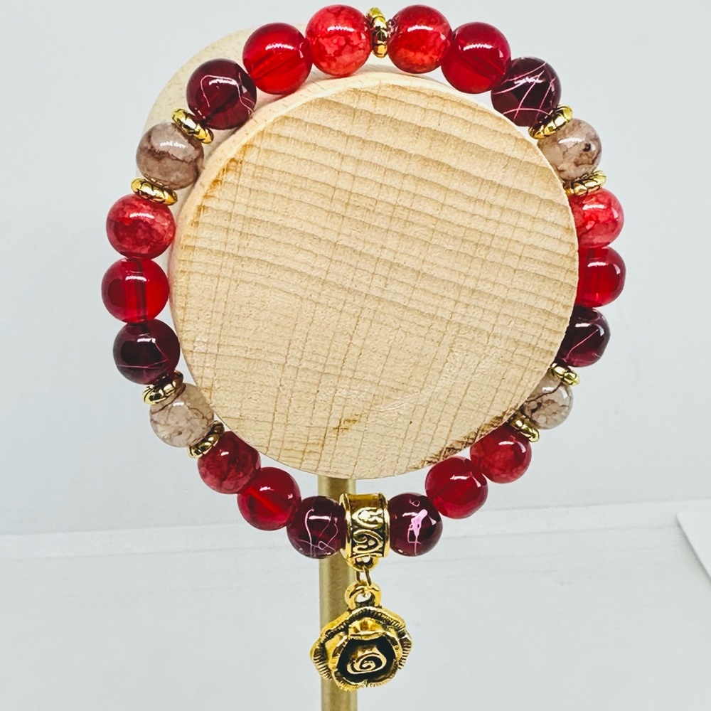Handmade Enchanted Rose Beaded Bracelet Beauty & the Beast Inspired Red Gold 8mm
